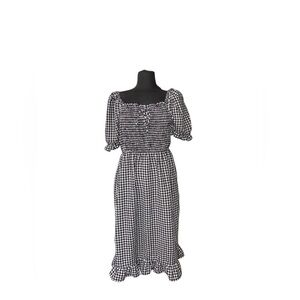 Gingham Puff Sleeves Cute Dress Black & White Large